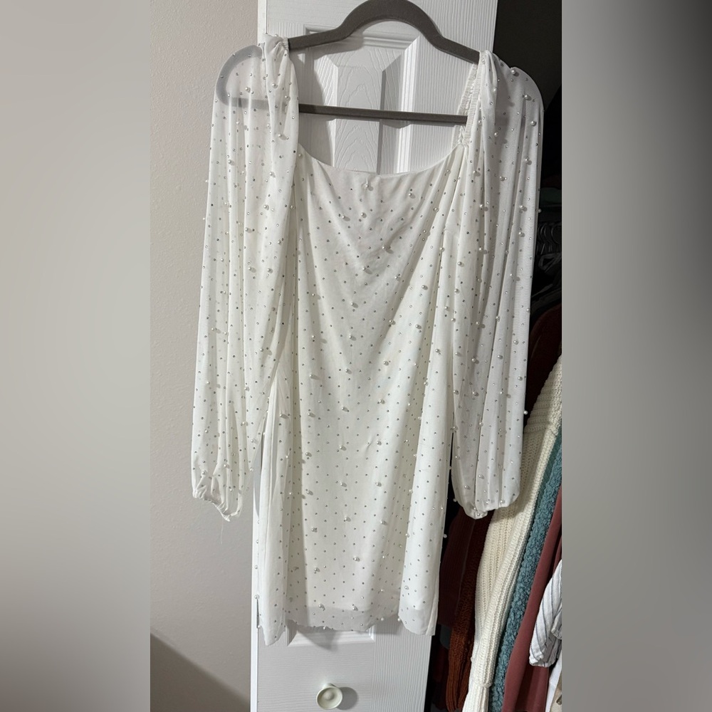 Francesca's Collections White Beaded Long Sleeve Dress